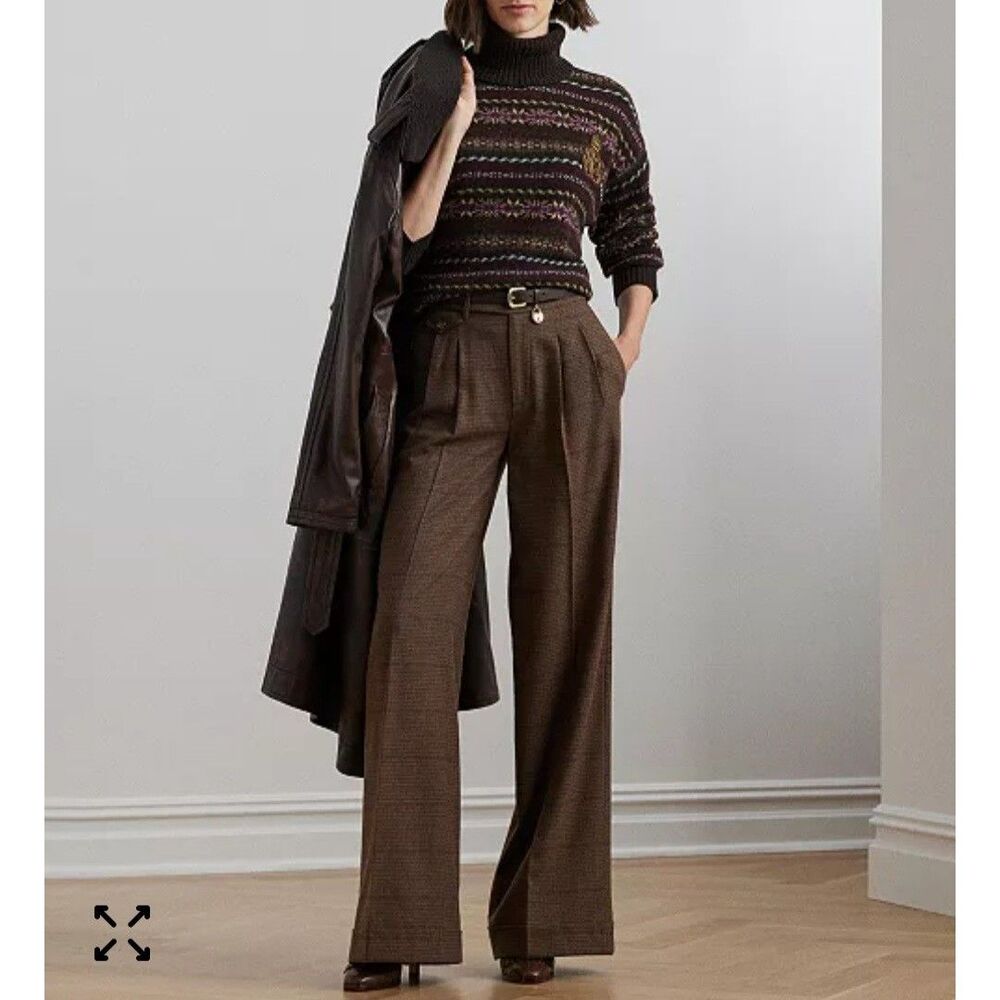 Y2K Vintage Ralph Lauren Olive Green Wool Wide Leg Slacks Trousers Pants Women